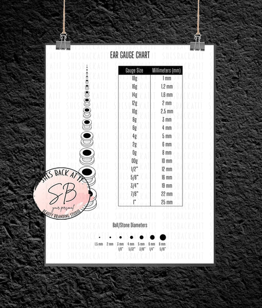 Ear gauge chart with measurements printable poster.  Includes ball and stone diameters.
