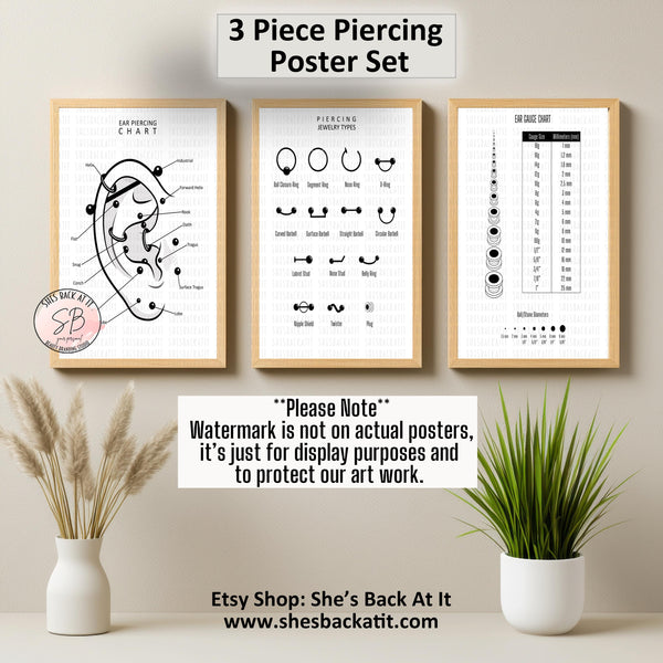 Printable 3 piece body piercing chart set