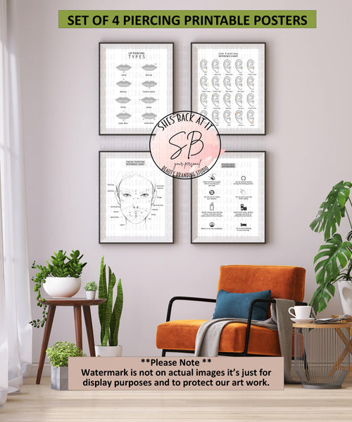 Set of 4 piercing printable posters displayed on a wall in a room with furniture and plants.