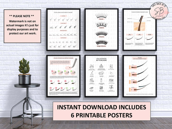 Printable Eyelash Extension Poster Set of 6 printable posters.  Poster set includes eyelash extension chart, eyelash styles chart, eyelash extension placement guide, eyelash extension glue dipping technique chart, lash extension aftercare instructions, and eyelash life cycle and growth phases guide