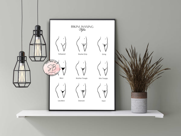 Poster of bikini waxing styles on a shelf with decorative elements.