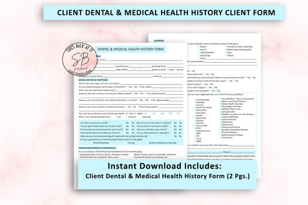 Printable Dental intake form that contains dental and medical health history.