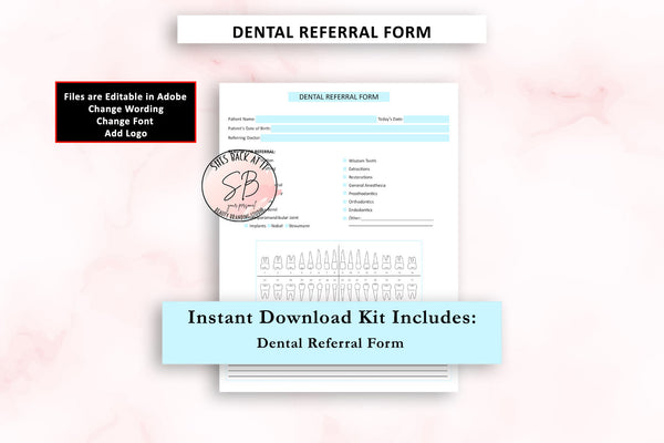 Dental Referral Form for Dentist, orthodontist, endodontist, periodontist, new patient referral.  Printable Instant Download