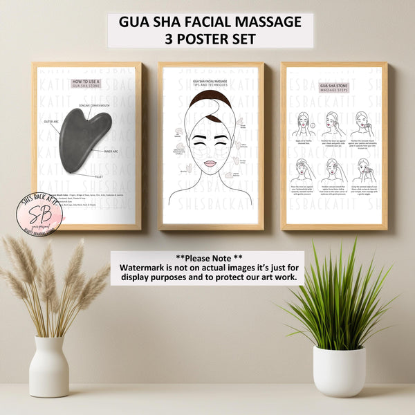 Three printable posters on a wall with a neutral background, featuring Gua Sha facial massage instructions.