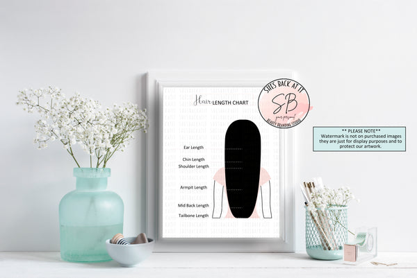 printable hair length chart showing ear length, chin length, shoulder length, armpit length, mid back length and tailbone length.