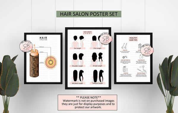 Printable Hair Salon Poster Set includes Hair structure diagram, hair length cutting chart, and health hair tips poster.