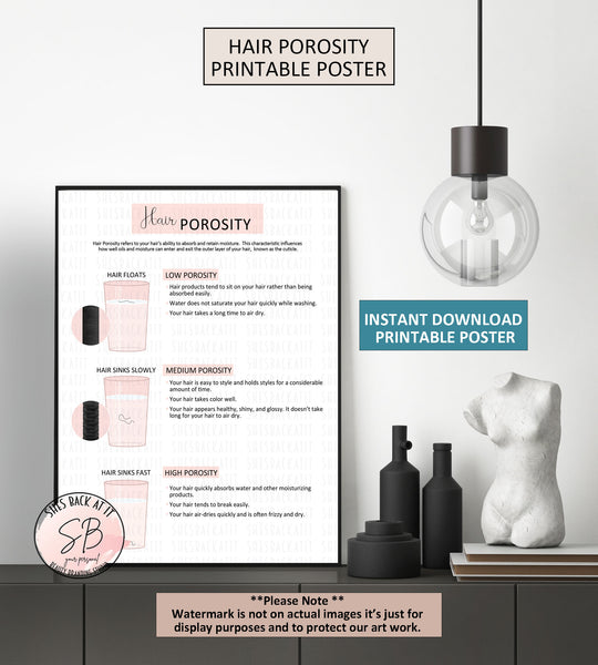 Hair porosity printable poster displayed in a frame on a shelf with decorative items.
