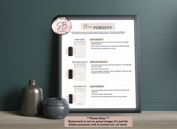 Framed poster on a wall with text about hair porosity, displayed with decorative vases.