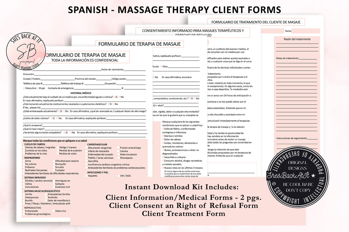 Spanish Massage Therapy Intake Forms | ShesBackAtIt | Printable Spa, Salon and Esthetician Client Forms spanish-massage-therapy-intake-forms-shesbackatit-printable-spa-salon-and-esthetician-client-forms