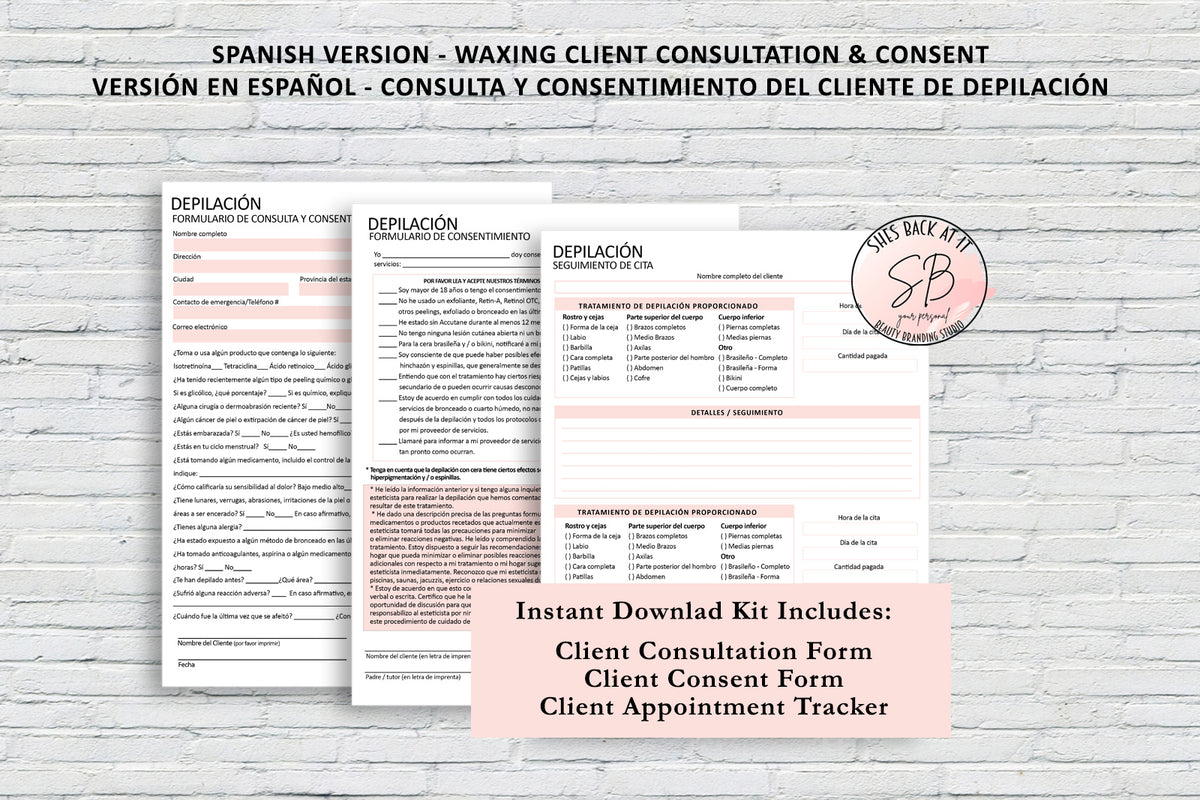 Spanish Waxing Intake Form ShesBackAtIt Printable Spa, Salon and