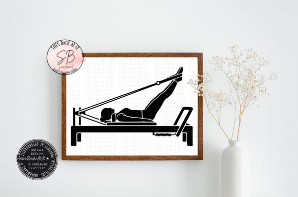 Black-and-white printable Pilates posters showing silhouettes doing leg lifts and lowers on a reformer.