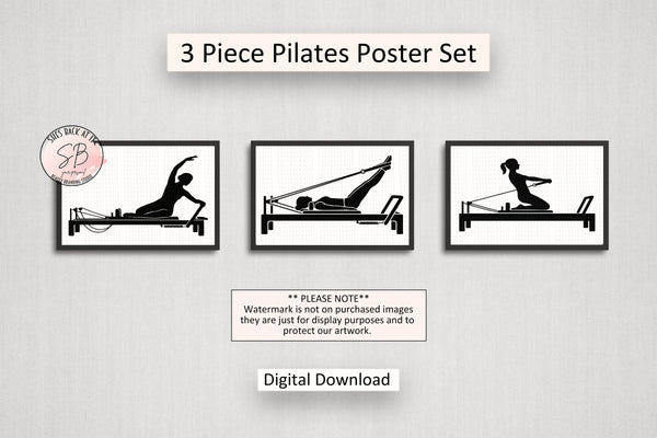 3 piece set of Black-and-white printable Pilates posters showing silhouettes doing leg lifts and lowers, sitting mermaid, and arm pulls on reformer