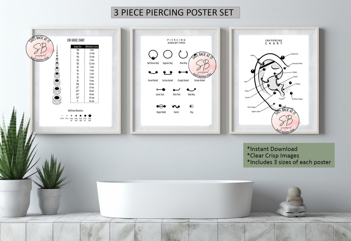 Piercing Chart Poster Set | ShesBackAtIt | Printable Spa, Salon and ...