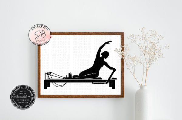 black-and-white printable Pilates poster showing silhouettes doing the sitting down mermaid stretch on a reformer.
