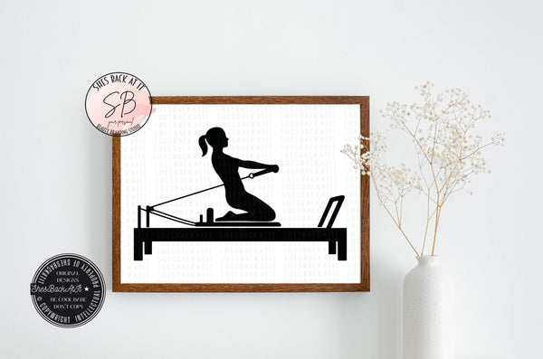 Black-and-white printable Pilates posters showing silhouettes kneeling chest expansion on a reformer.