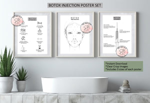 Botox Injection Poster Set includes Botox Aftercare instructions, botox injection sites diagram, and a botox journey after treatment description with images. 
