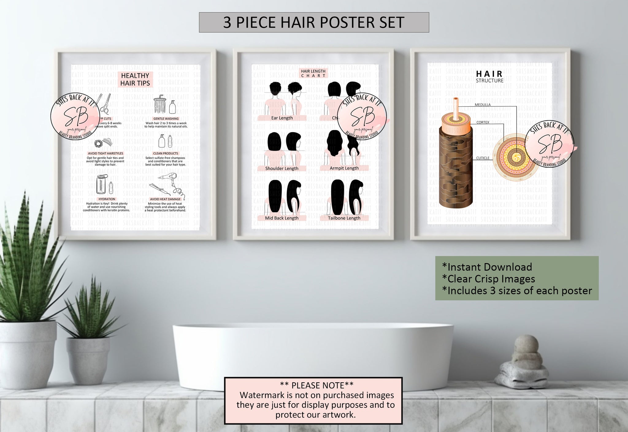 Salon 3 piece printable poster set includes 6 healthy hair tips poster, hair cut length chart and hair structure diagram. 