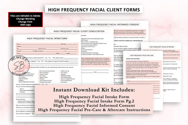 High Frequency Facial Client Intake Form with Informed Consent, includes Pre care and aftercare instructions