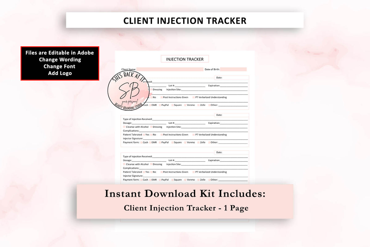 Client Injection Tracker | ShesBackAtIt | Printable Spa, Salon and ...