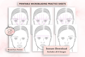 Printable microblading practice sheets with face illustrations on a white background.