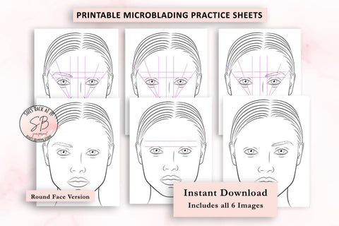 Printable microblading practice sheets with face illustrations on a white background.