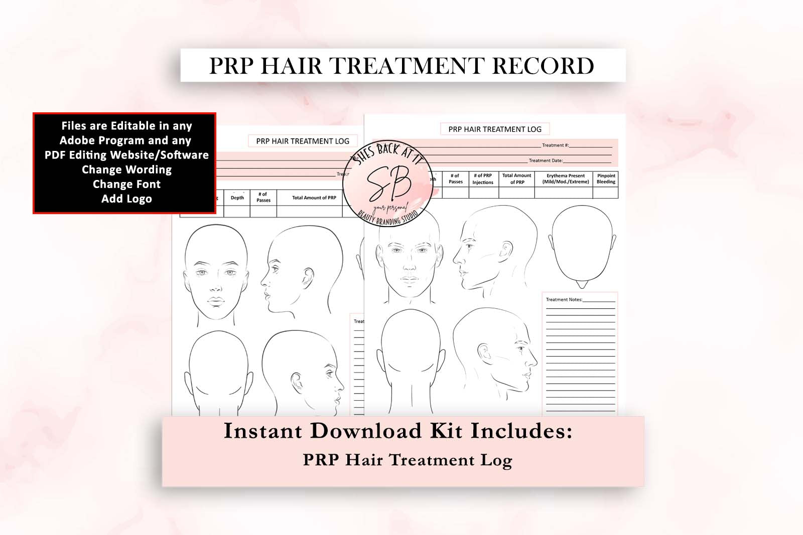 PRP Hair Treatment Record document with editable features on a pink background