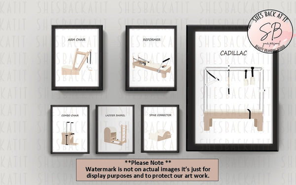 Six framed Pilates instruction prints displayed on a light gray wall, including ARMY CHAIR, REFORMER, CADILLAC, COMBED CHAIR, LATEX BARREL, and SPINE CONNECTOR. A pink circular 'Sites Back As It Is' watermark appears in the top right, and a note at the bottom says the watermark is just for display protection.