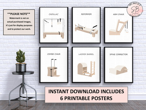 Six framed Pilates equipment posters displayed on a white brick wall above a small table with a plant. The posters show illustrations of Cadillac, Reformer, Arm Chair, Combo Chair, Ladder Barrel, and Spine Corrector with text labels.