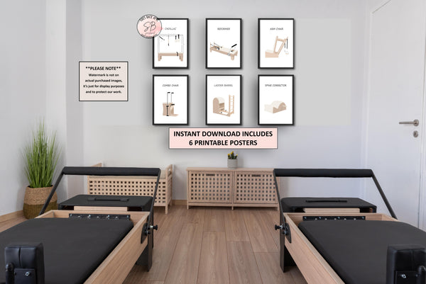 Set of six framed printable pilates exercise equipment designs mounted on a light gray wall above Pilates reformer machines. The posters feature minimalist beige and black exercise diagrams, and a pink banner reads 'INSTANT DOWNLOAD INCLUDES 6 PRINTABLE POSTERS.
