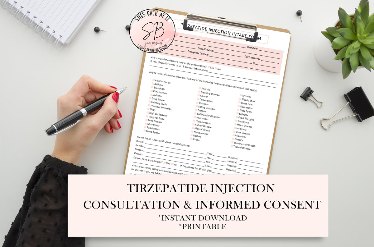 Tirzepatide Injection Intake Form | ShesBackAtIt | Printable Spa, Salon ...