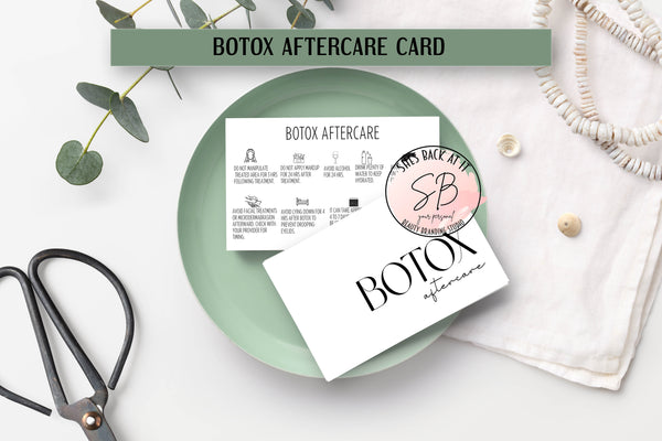 Botox aftercare card series mockup – flat lay showing front and back of printable black and white business card design for medspa professionals