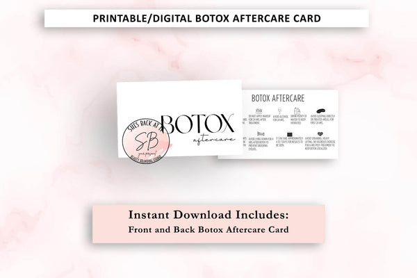 Printable Botox aftercare card series – flat lay mockup of second black and white card design front and back for nurse injectors