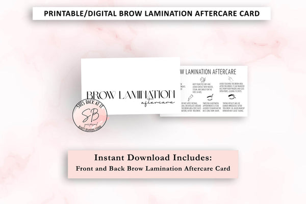 Printable brow lamination aftercare card series – flat lay mockup of second black and white card design front and back for estheticians