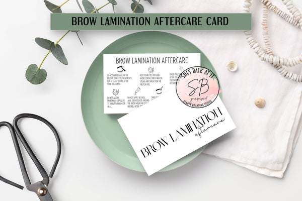 Brow lamination aftercare card series mockup – flat lay showing front and back of printable black and white business card design for brow artists