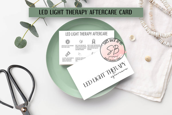 LED light therapy aftercare card series mockup – flat lay showing front and back of printable black and white business card design for estheticians
