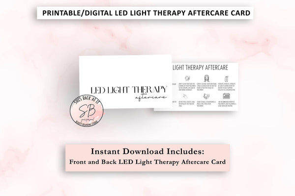 Printable LED light therapy aftercare card series – flat lay mockup of second black and white card design front and back for skincare professionals