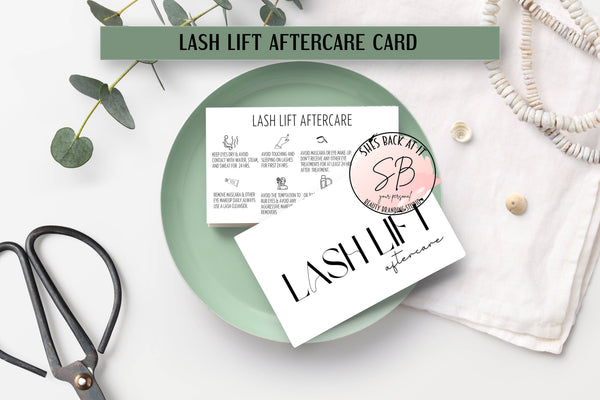Lash lift aftercare card series mockup – flat lay showing front and back of printable black and white business card design for lash artists