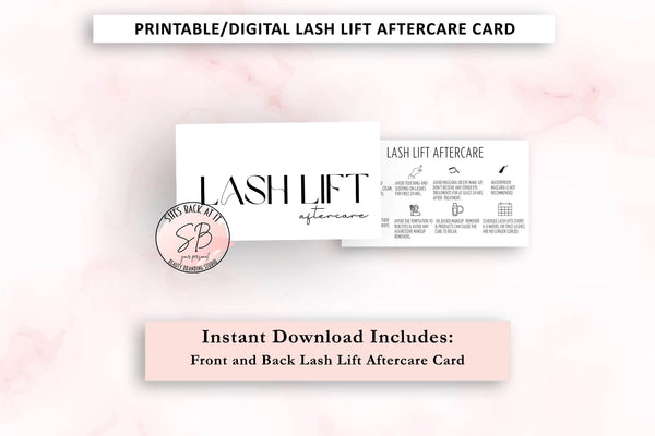 Printable lash lift aftercare card series – flat lay mockup of second black and white card design front and back for lash technicians