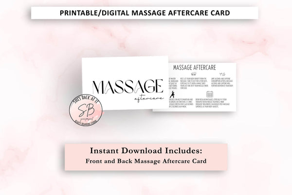 Massage aftercare card series mockup – flat lay showing front and back of printable black and white business card design for massage therapists