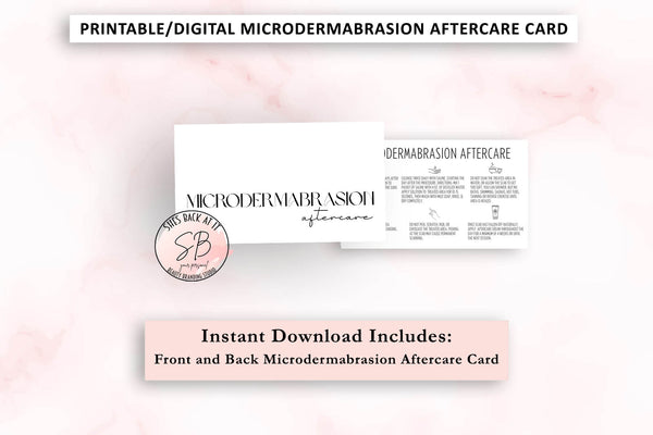 Printable microdermabrasion aftercare card series – flat lay mockup of second black and white card design front and back for skincare professionals