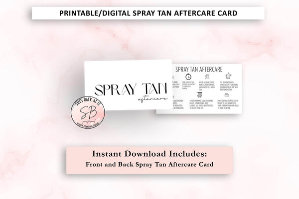 Spray tan aftercare card series mockup – flat lay showing front and back of printable black and white business card design for spray tan artists