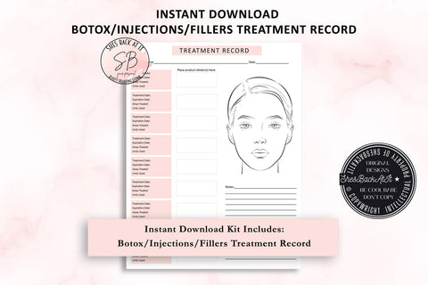 Treatment record for Botox, Injections, Fillers with a pink gradient background