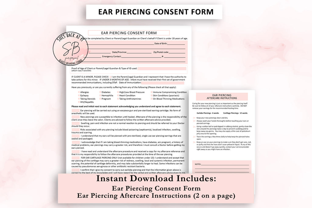 Ear Piercing Consent Form ShesBackAtIt Printable Spa, Salon and