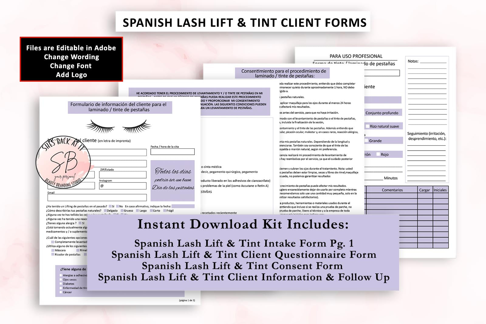 Spanish (ESPAÑOL) Lash Lift/Tint Client Forms | ShesBackAtIt | Printable Spa, Salon and Esthetician Client Forms for Free Printable Lash Lift Consent Form