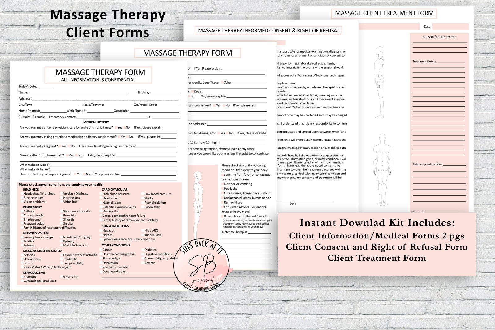 Massage Client Intake Form | ShesBackAtIt | Printable Spa, Salon and Esthetician Client Forms for Free Printable Massage Therapy Intake Form