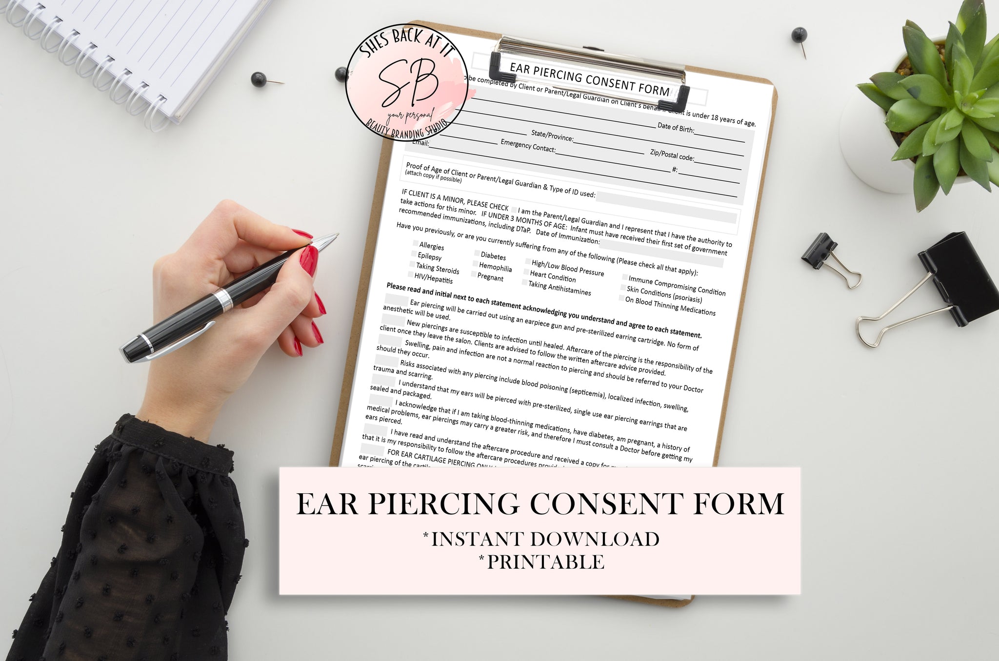 Ear Piercing Consent Form ShesBackAtIt Printable Spa Salon and Esthetician Client Forms